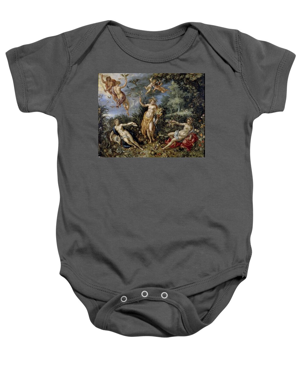 Hendrik De Clerck Baby Onesie featuring the painting 'Wealth and the Allegory of Four Elements', 1606, Fl... by Jan Brueghel the Elder -1568-1625- Hendrick de Clerck -antes 1570-1630-