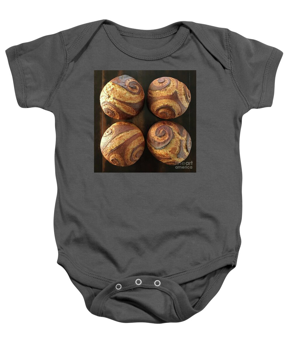 Bread Baby Onesie featuring the photograph White And Rye Sourdough Spiral Set 3 by Amy E Fraser