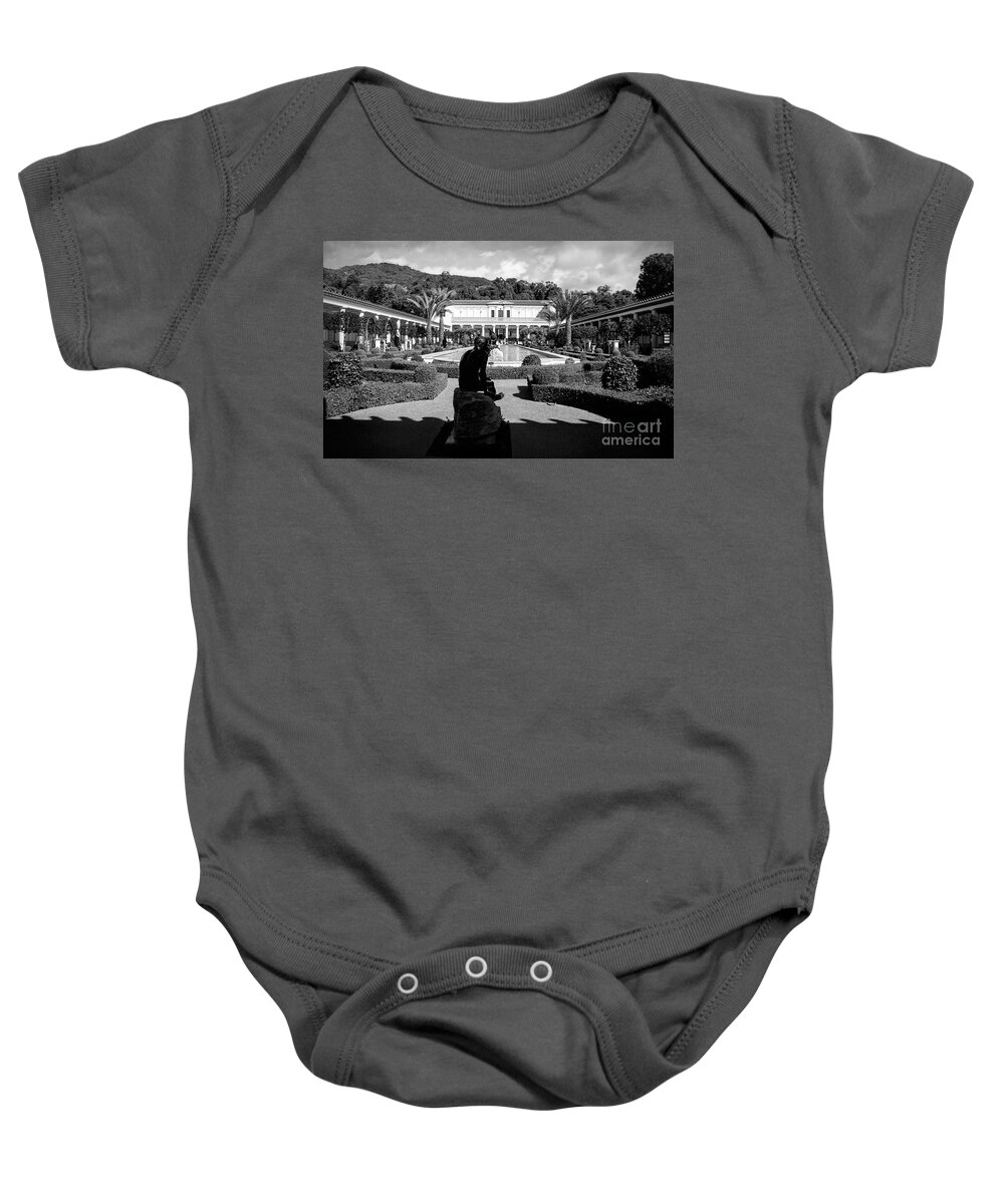 Getty Baby Onesie featuring the photograph Wide Angle Getty Villa Black White by Chuck Kuhn