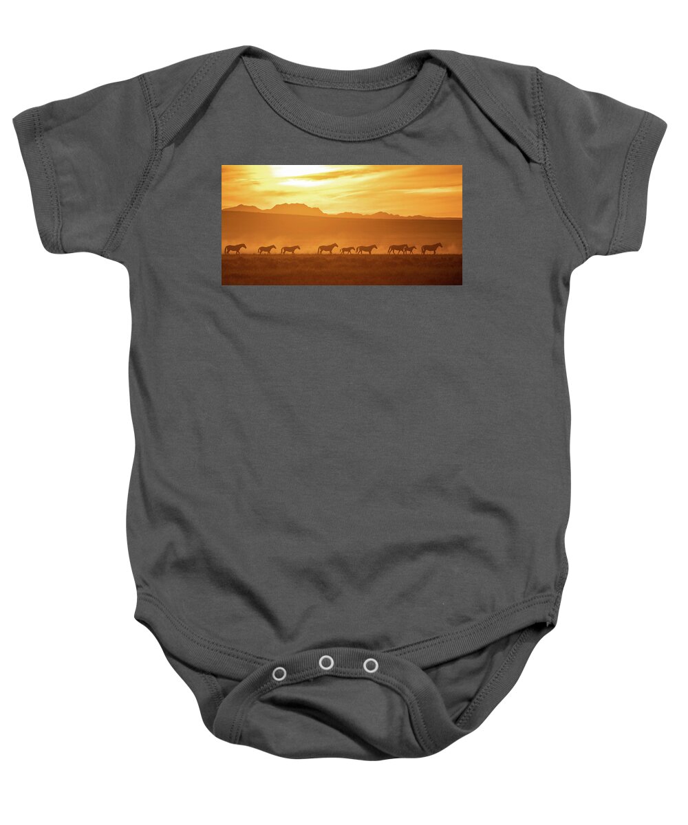 Wild Horses Baby Onesie featuring the photograph Wild Sunset by Mary Hone