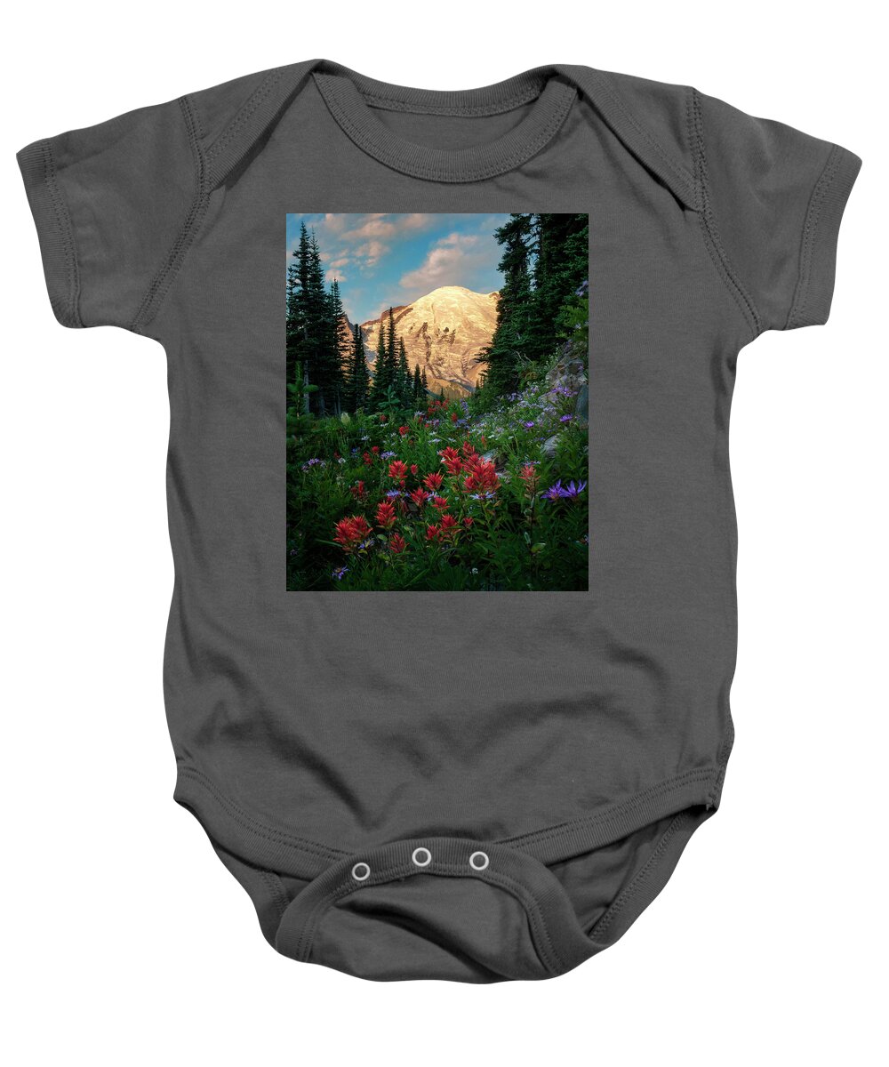 Mount Rainier Baby Onesie featuring the photograph Wildflower Morning on Mount Rainier by David Soldano