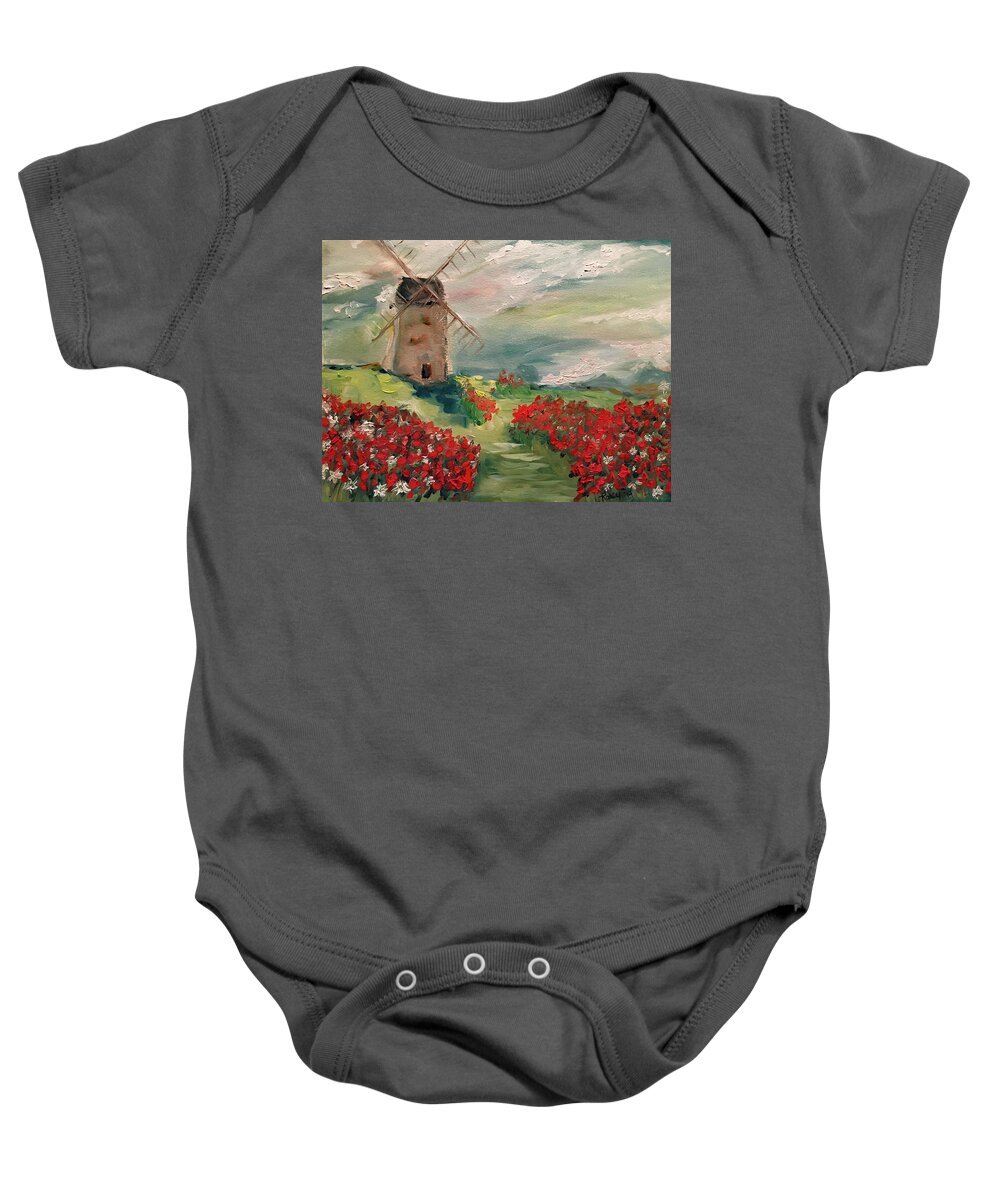 Windmill Baby Onesie featuring the painting Windmill in a Poppy Field by Roxy Rich