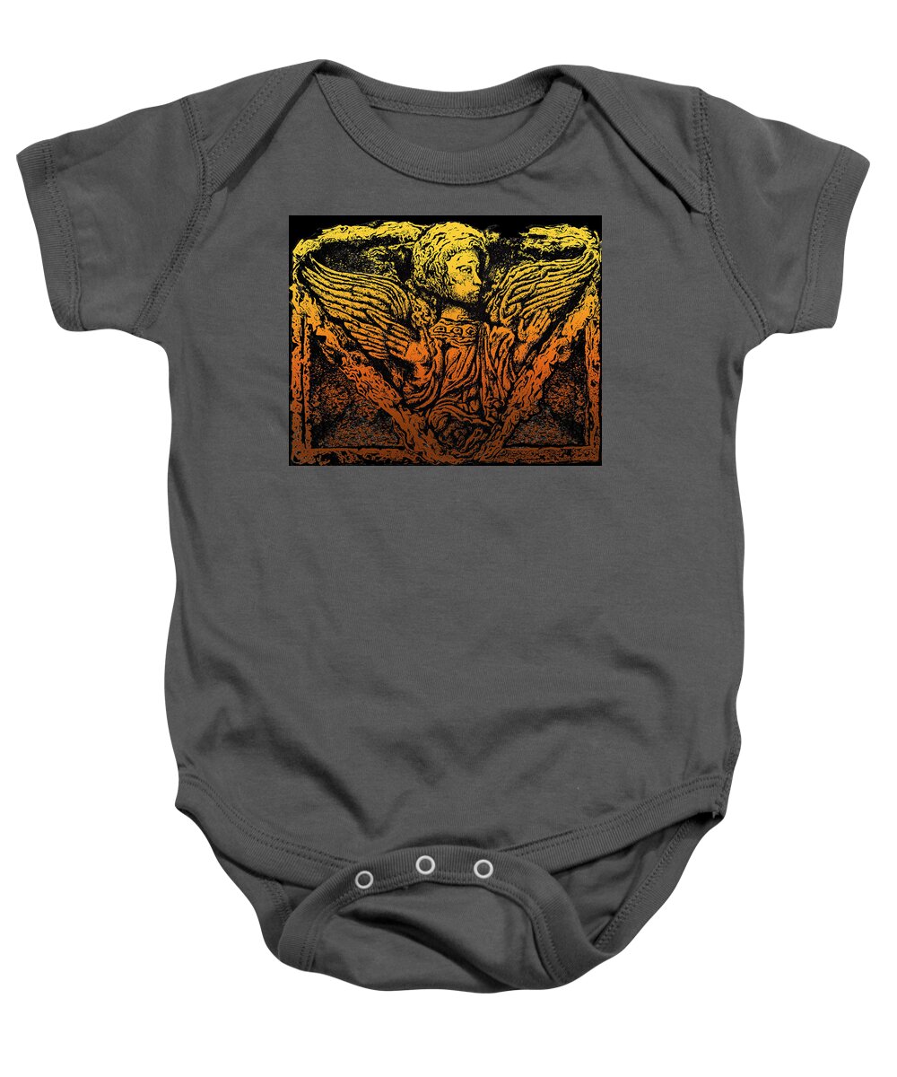 Angel Baby Onesie featuring the drawing Winged Angel In Stone Drawing by Larry Butterworth