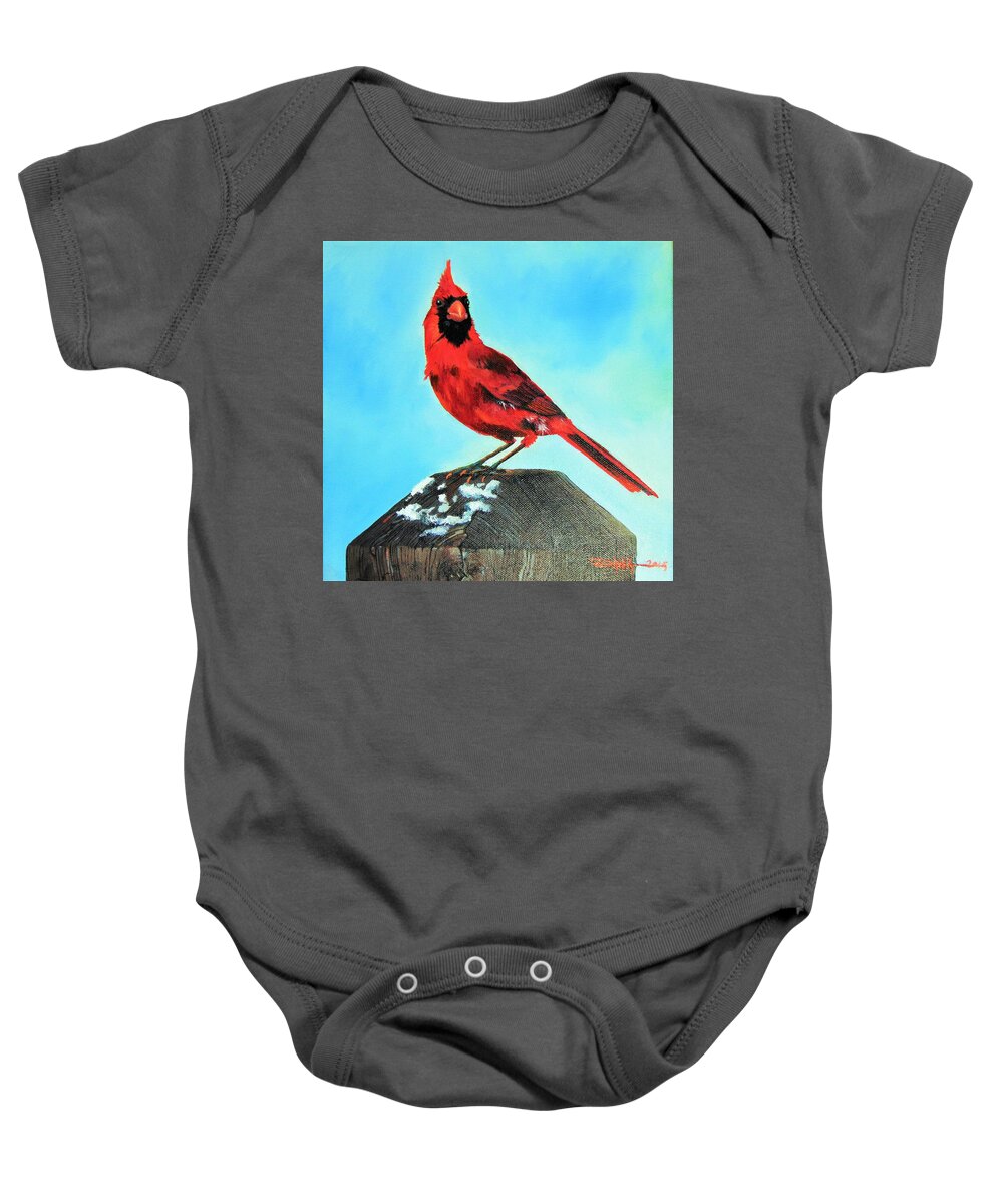 Birds Baby Onesie featuring the painting Winter Cardinal by Dana Newman