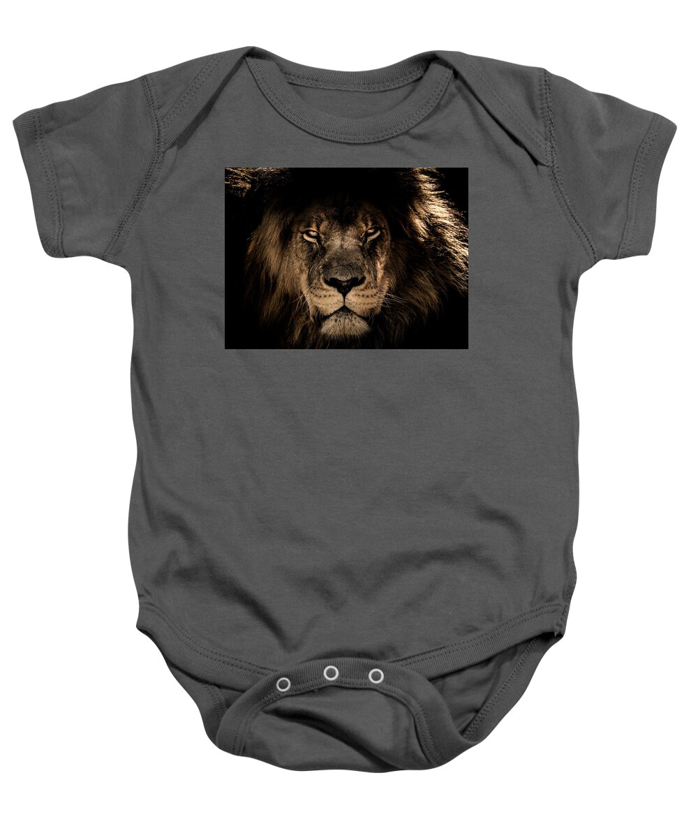  Baby Onesie featuring the photograph Wise lion by Top Wallpapers
