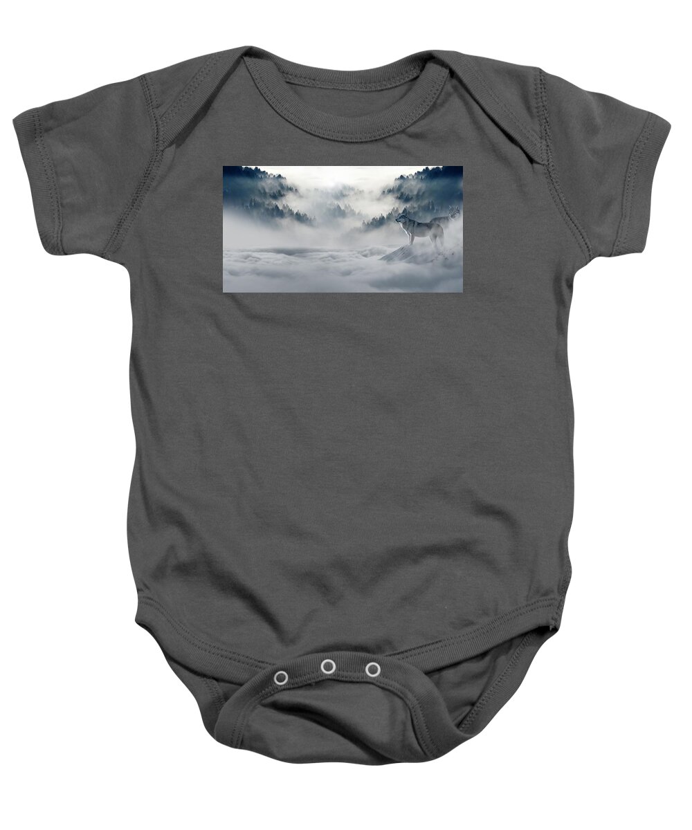 Photo Baby Onesie featuring the photograph Wolfs in the snow by Top Wallpapers