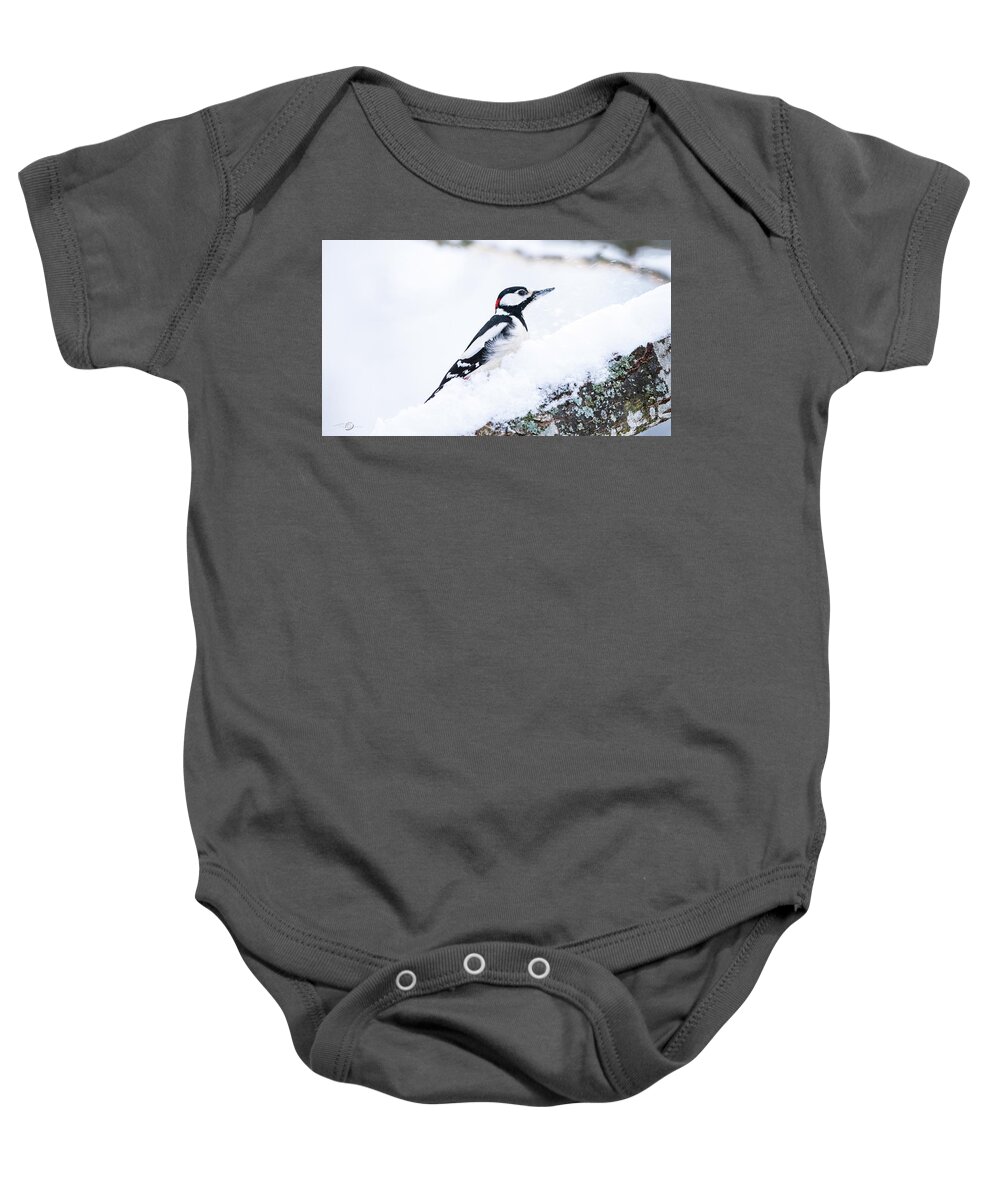 Woodpecker On Snow Baby Onesie featuring the photograph Woodpecker on a snowy branch by Torbjorn Swenelius