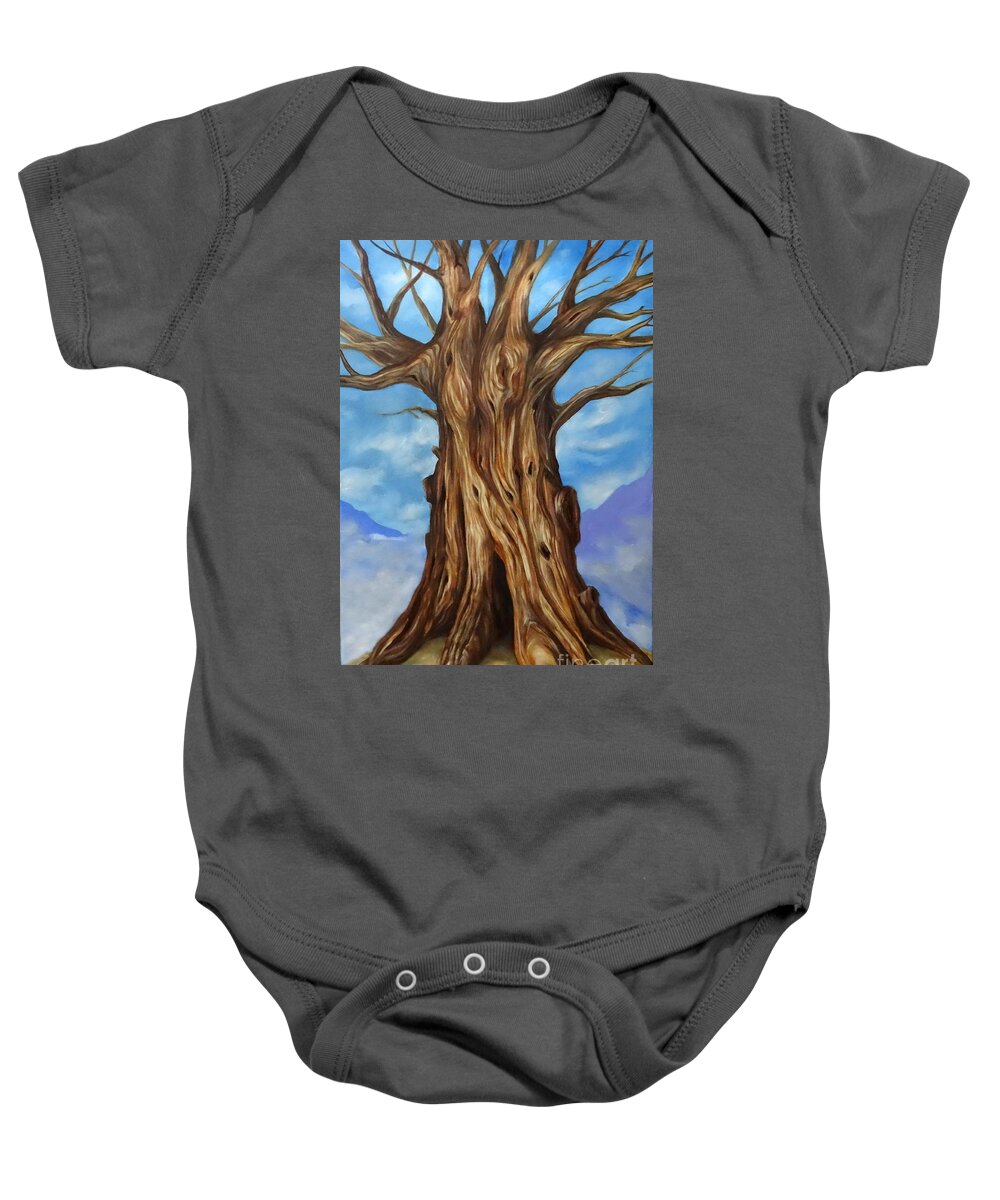 Tree Landscape Sky Ground Mountain Clouds Mist Light Dark Shadow Colour White Blue Brown Yellow Grey Orange Mystery Allegory Life Baby Onesie featuring the painting Yggdrasill by Ida Eriksen