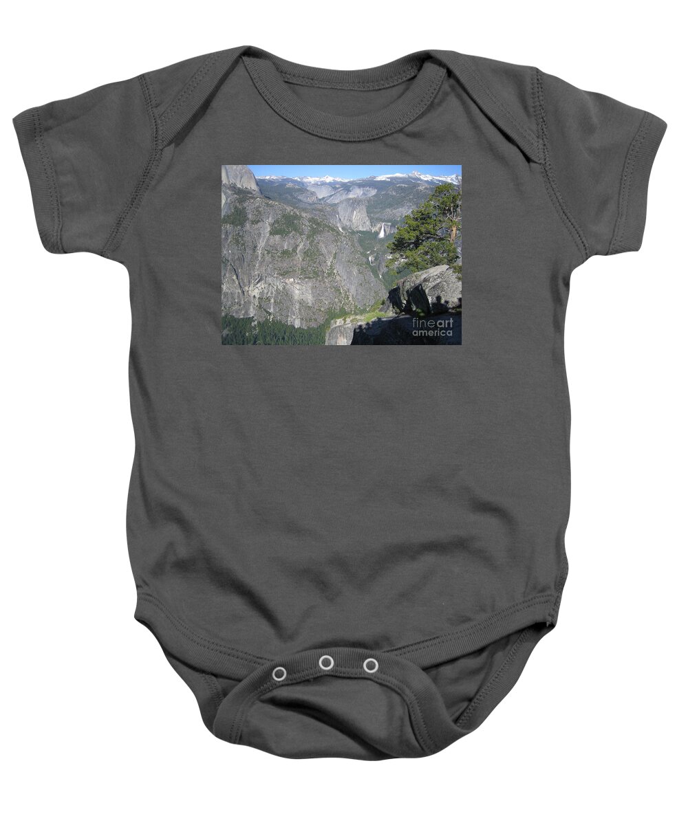Yosemite Baby Onesie featuring the photograph Yosemite National Park Half Dome Twin Waterfalls Snow Capped Mountains John Shiron's Shadow by John Shiron