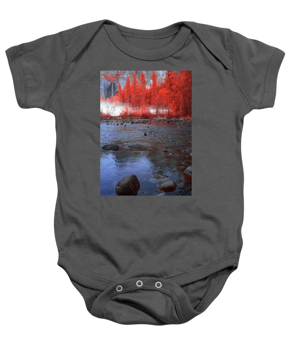 Yosemite Baby Onesie featuring the photograph Yosemite River in Red by Jon Glaser