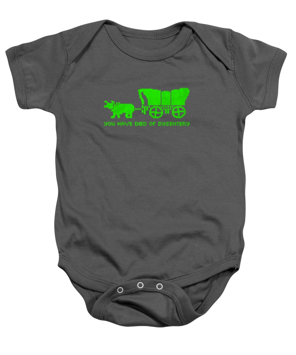 You Have Died Of Dysentery Baby Onesie featuring the mixed media You Have Died of Dysentery Oregon Trail Video Game Parody by Design Turnpike