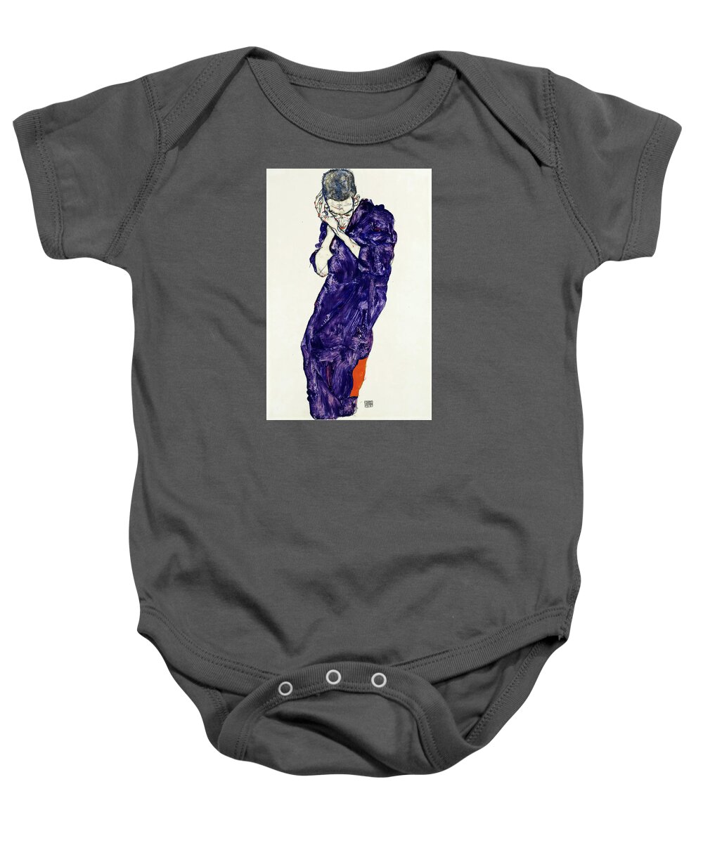 Egon Schiele Baby Onesie featuring the painting Young Man In Purple Robe With Clasped Hands by Egon Schiele