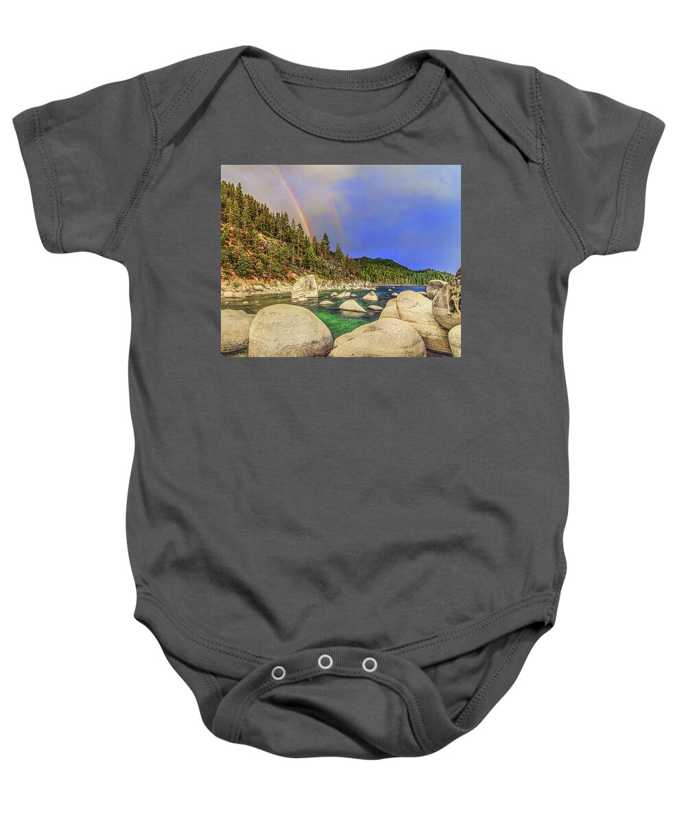 Rainbow Baby Onesie featuring the photograph Boulder Bay Rainbows, Lake Tahoe, Nevada #1 by Don Schimmel