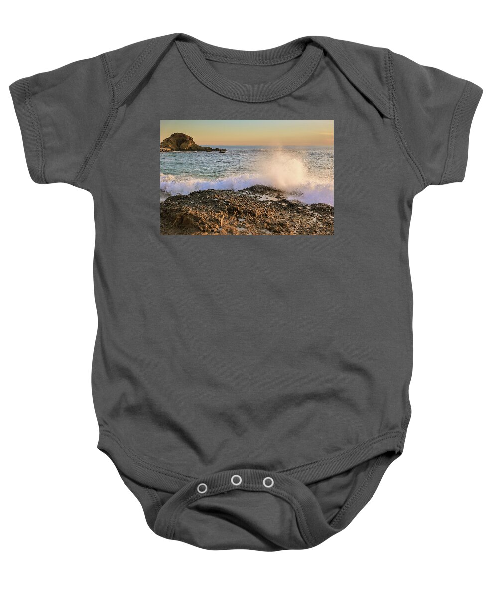 Sky Baby Onesie featuring the photograph California sunset on the beach #2 by Sviatlana Kandybovich
