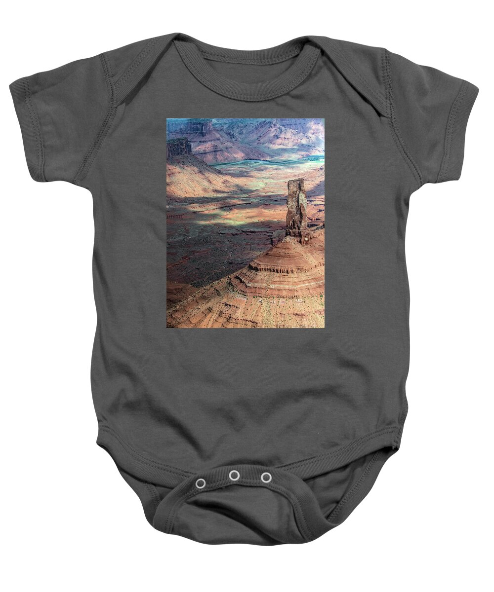 Castleton Tower Baby Onesie featuring the photograph Castleton Tower in Castle Valley Utah Aerial by David Oppenheimer