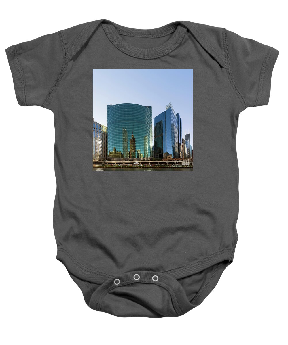 Chicago River Baby Onesie featuring the photograph Chicago Riverwalk and skyscrapers #1 by Louise Heusinkveld