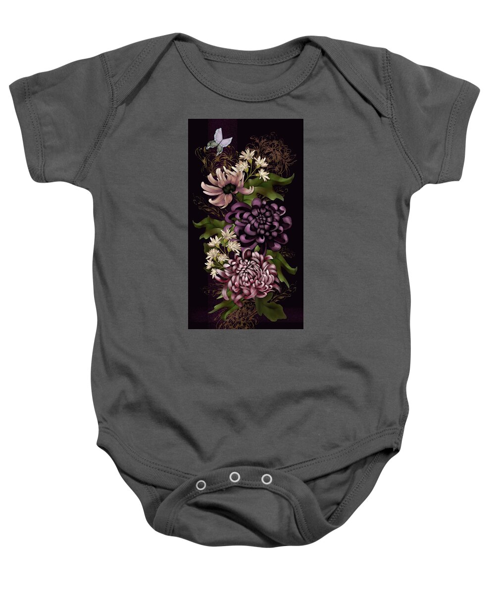 Chinoiserie Baby Onesie featuring the digital art Chrysanthemums and Butterfly Modern Chinoiserie dark purple by Sand And Chi
