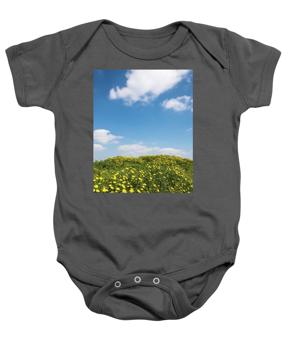 Flowers Baby Onesie featuring the photograph Field with yellow marguerite daisy blooming flowers against and blue cloudy sky. Spring landscape nature background #1 by Michalakis Ppalis