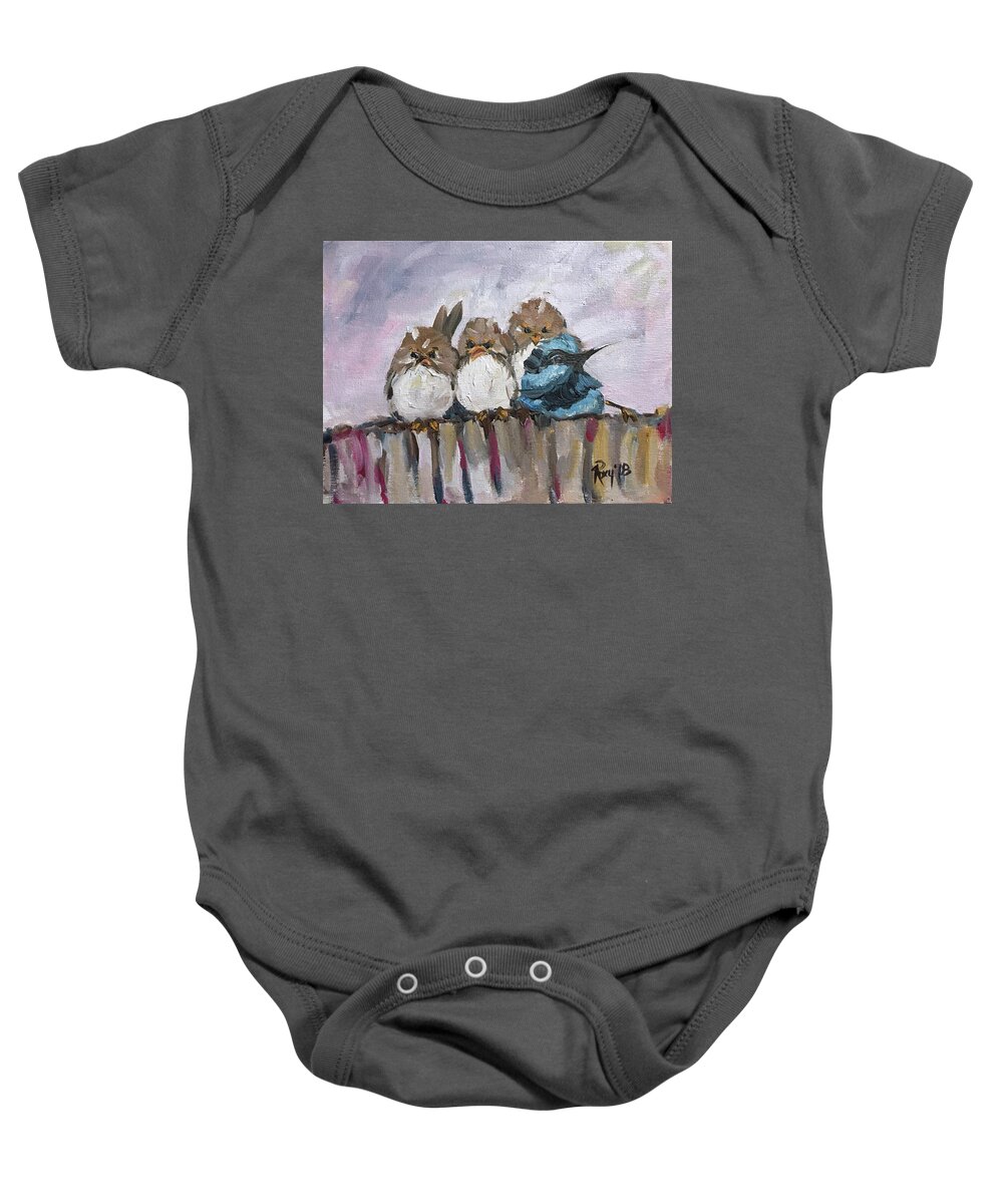 Grumpy Birds Baby Onesie featuring the painting Grumpy Morning by Roxy Rich