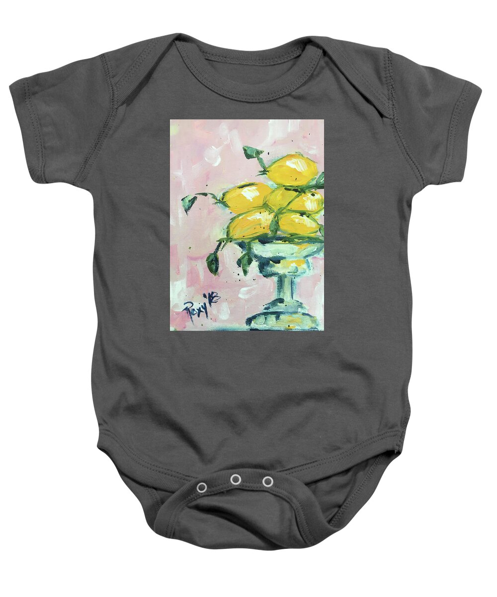 Lemon Baby Onesie featuring the painting Lemon Pedestal by Roxy Rich