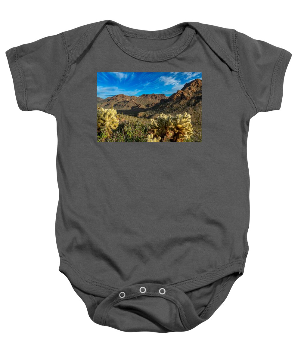 Golden Mountain Desert Saguaro Cactus Blue Sky Rock Cliffs Old Tucson Fstop101 Landscape Baby Onesie featuring the photograph Mountains of West Tucson #2 by Geno