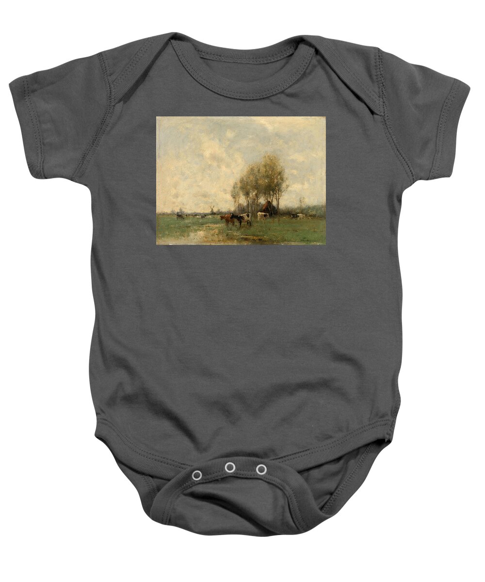 Willem Maris Baby Onesie featuring the painting Pasture with cows #1 by Willem Maris