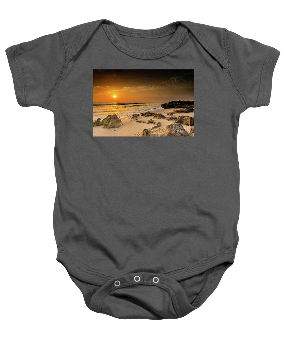 Sun Baby Onesie featuring the photograph Rocky Beach Sunrise #1 by Tom Claud