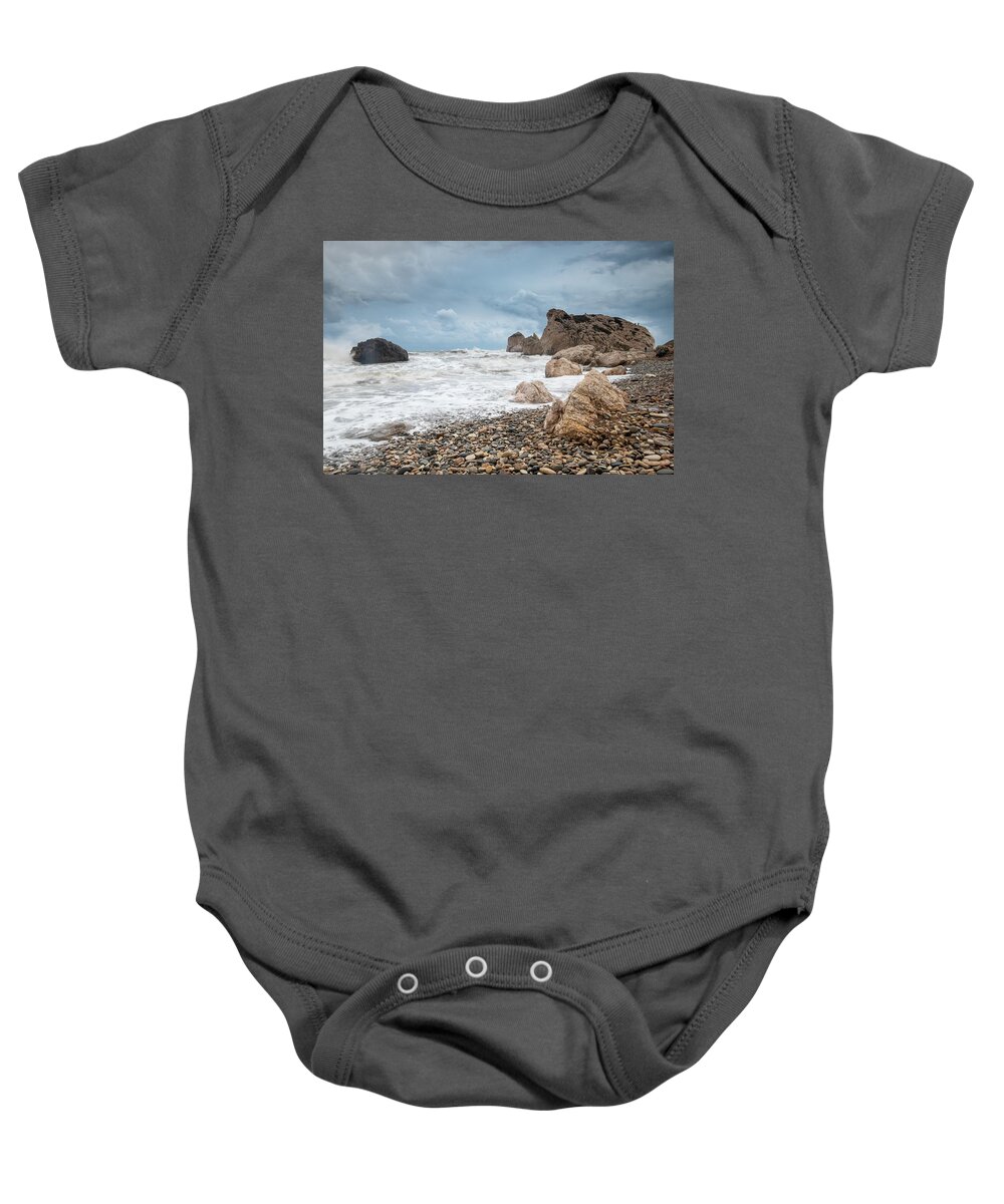 Paphos Baby Onesie featuring the photograph Seascapes with windy waves. Rock of Aphrodite Paphos Cyprus #1 by Michalakis Ppalis