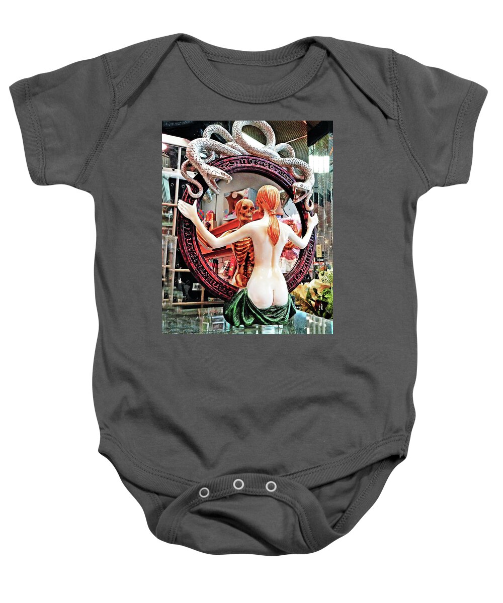 Female. Horror Baby Onesie featuring the photograph Skeleton In The Mirror #1 by Andrew Lawrence