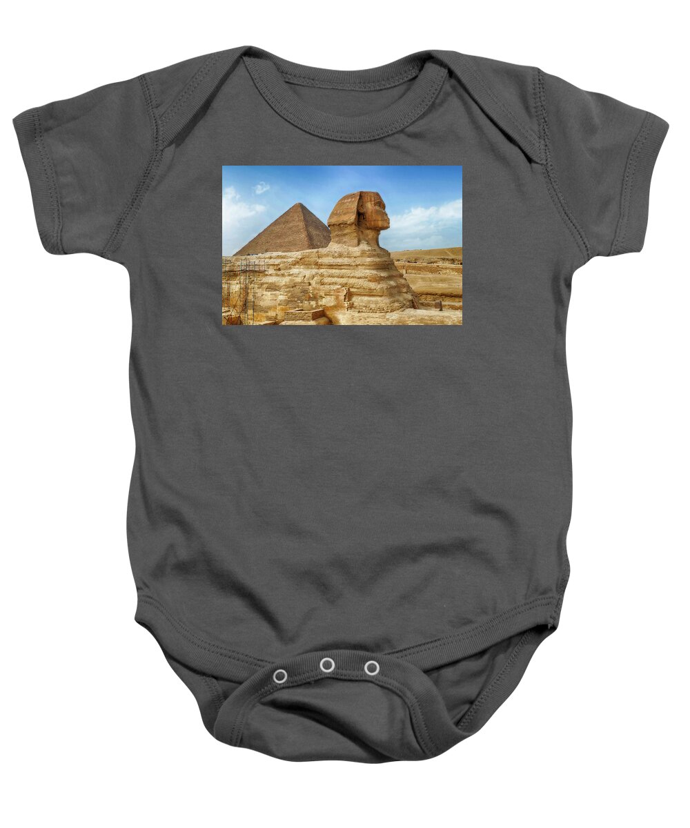 Cheops Baby Onesie featuring the photograph Sphinx and the Great pyramid of Khufu #1 by Steve Estvanik