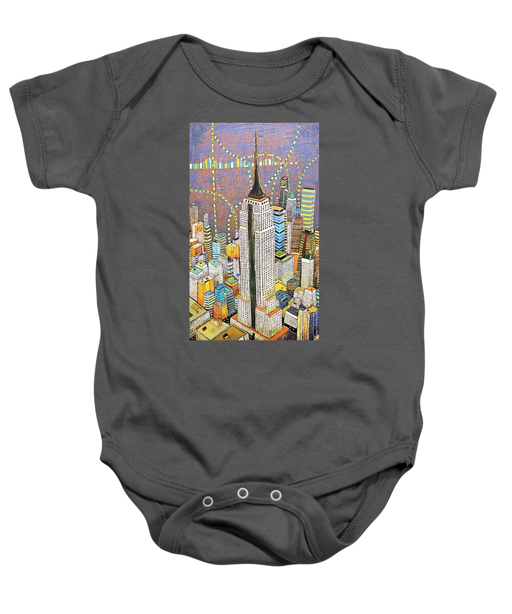 Skyline Baby Onesie featuring the painting The Empire of Manhattan NYC skyline with Empire state building by Habib Ayat