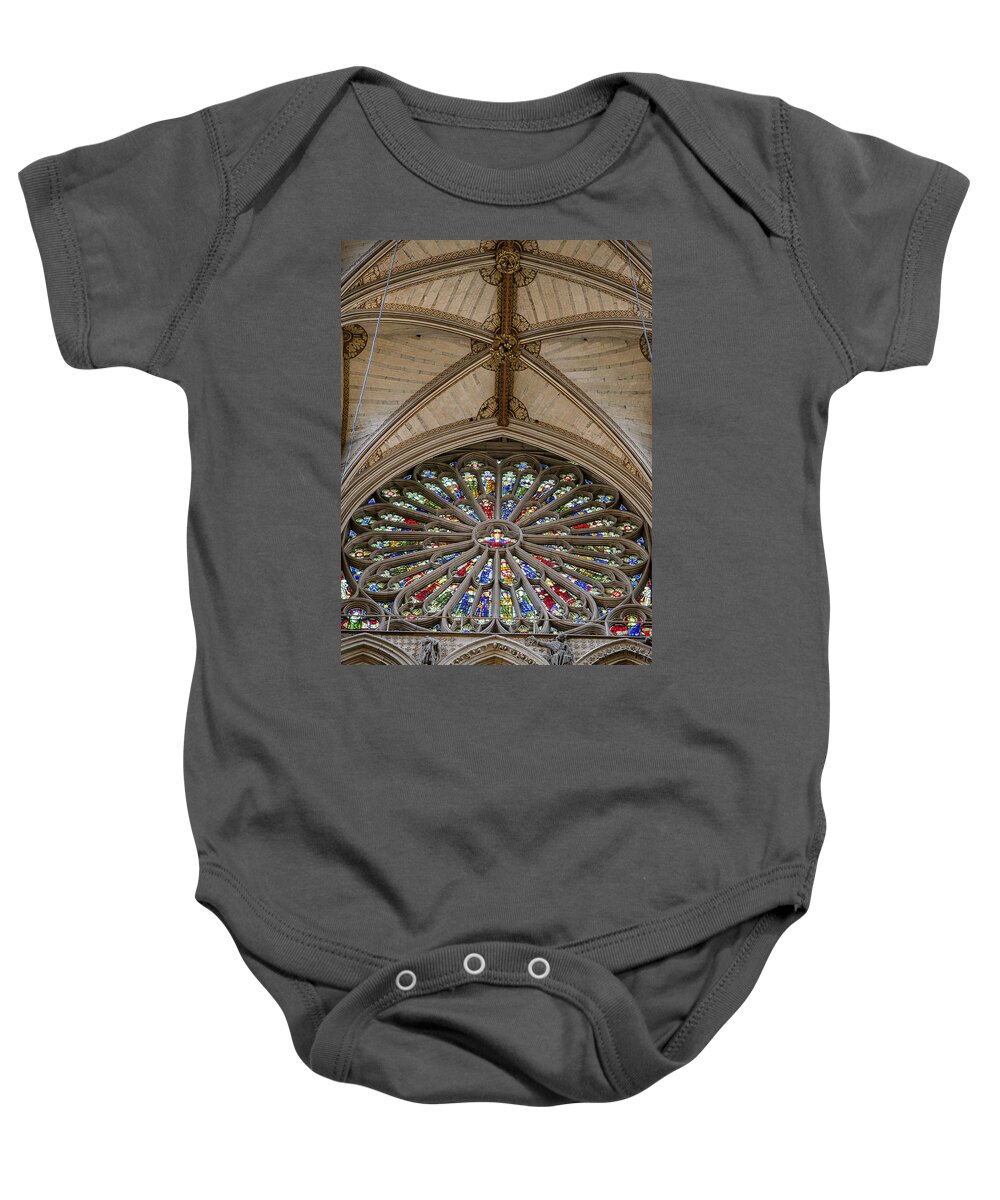 Westminsterabbey Baby Onesie featuring the photograph The Rose window in Westminster Abbey #1 by Raymond Hill