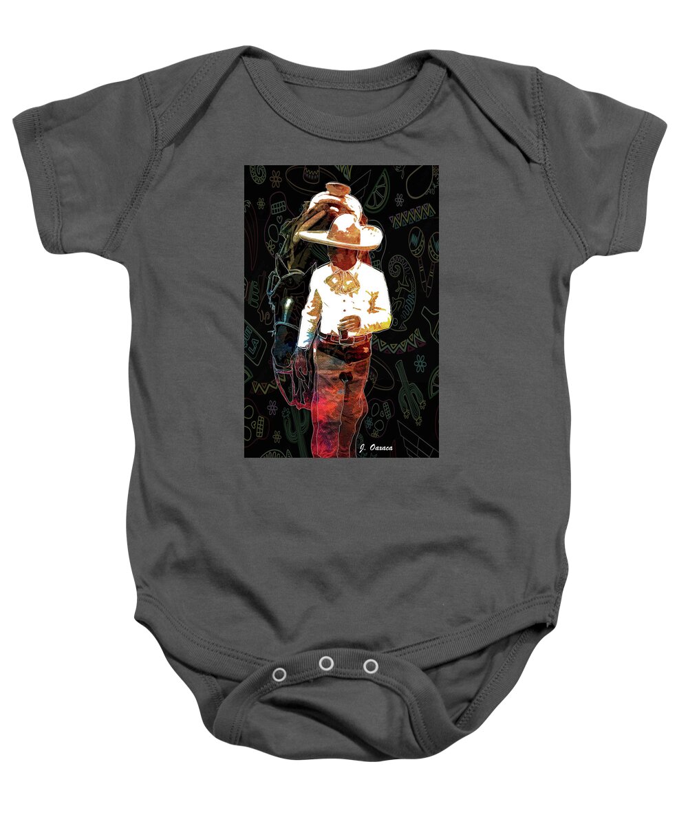 Jarabe Tapatio Baby Onesie featuring the mixed media Tequila Shot by J U A N - O A X A C A