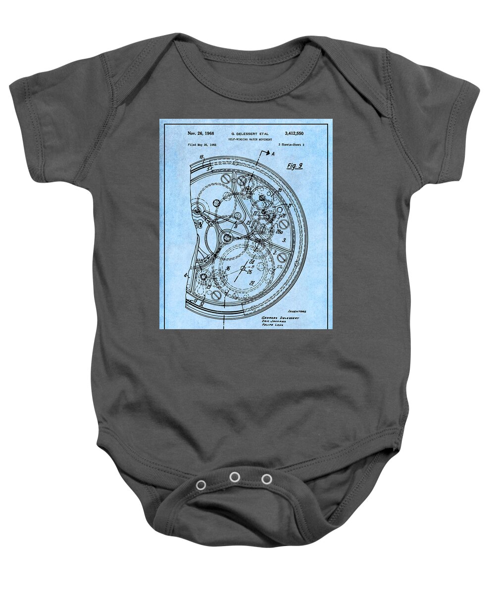 1966 Self Winding Watch Movement Patent Print Baby Onesie featuring the drawing 1966 Self Winding Watch Movement Light Blue Patent Print by Greg Edwards