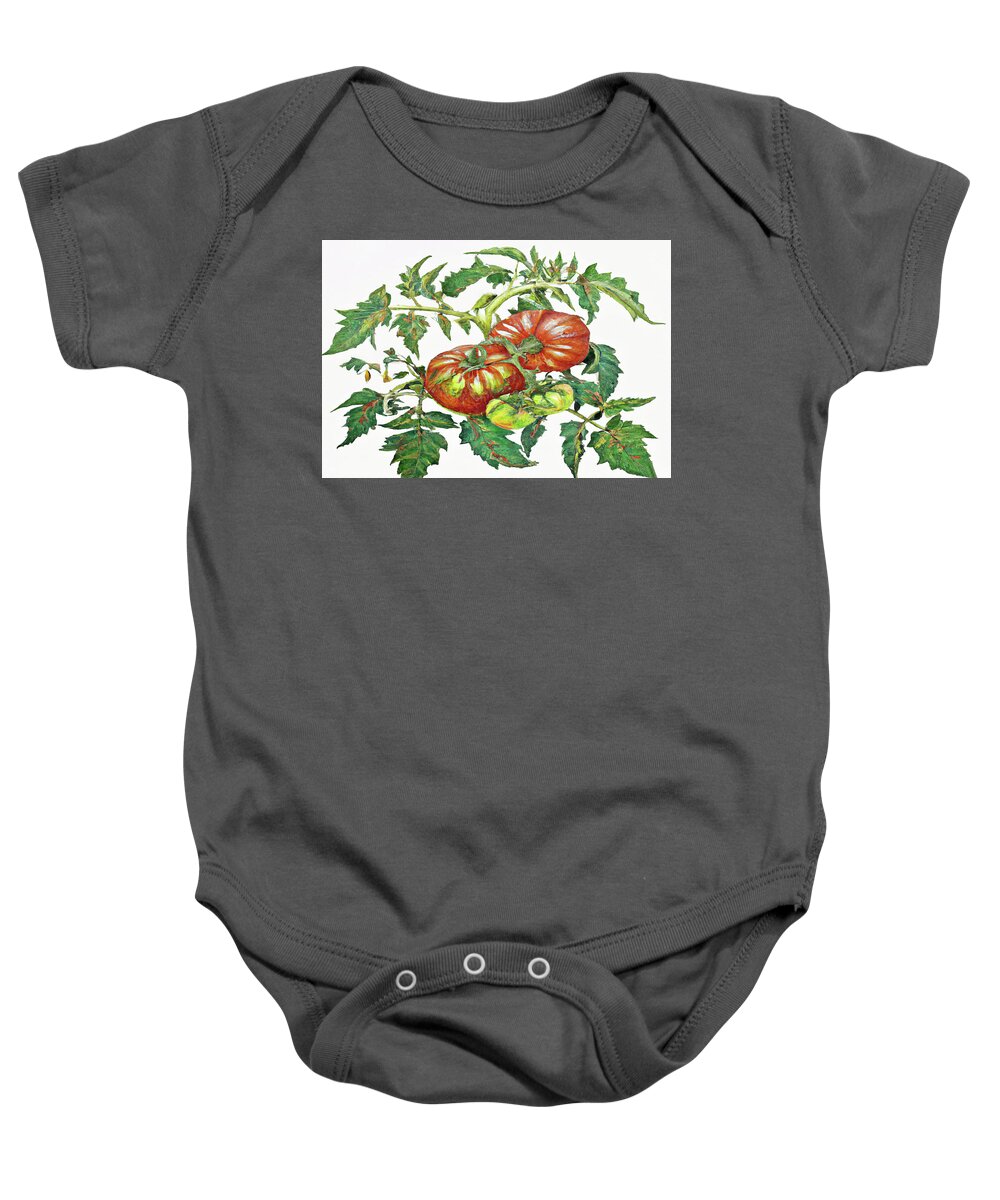 Two Red Tomatoes Baby Onesie featuring the digital art 2 Tomatoes 2 B by Cathy Anderson