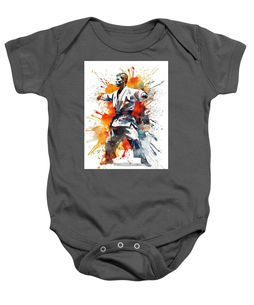 Karate Baby Onesie featuring the digital art Colorful paint splashes during martial artist action. #8 by Odon Czintos