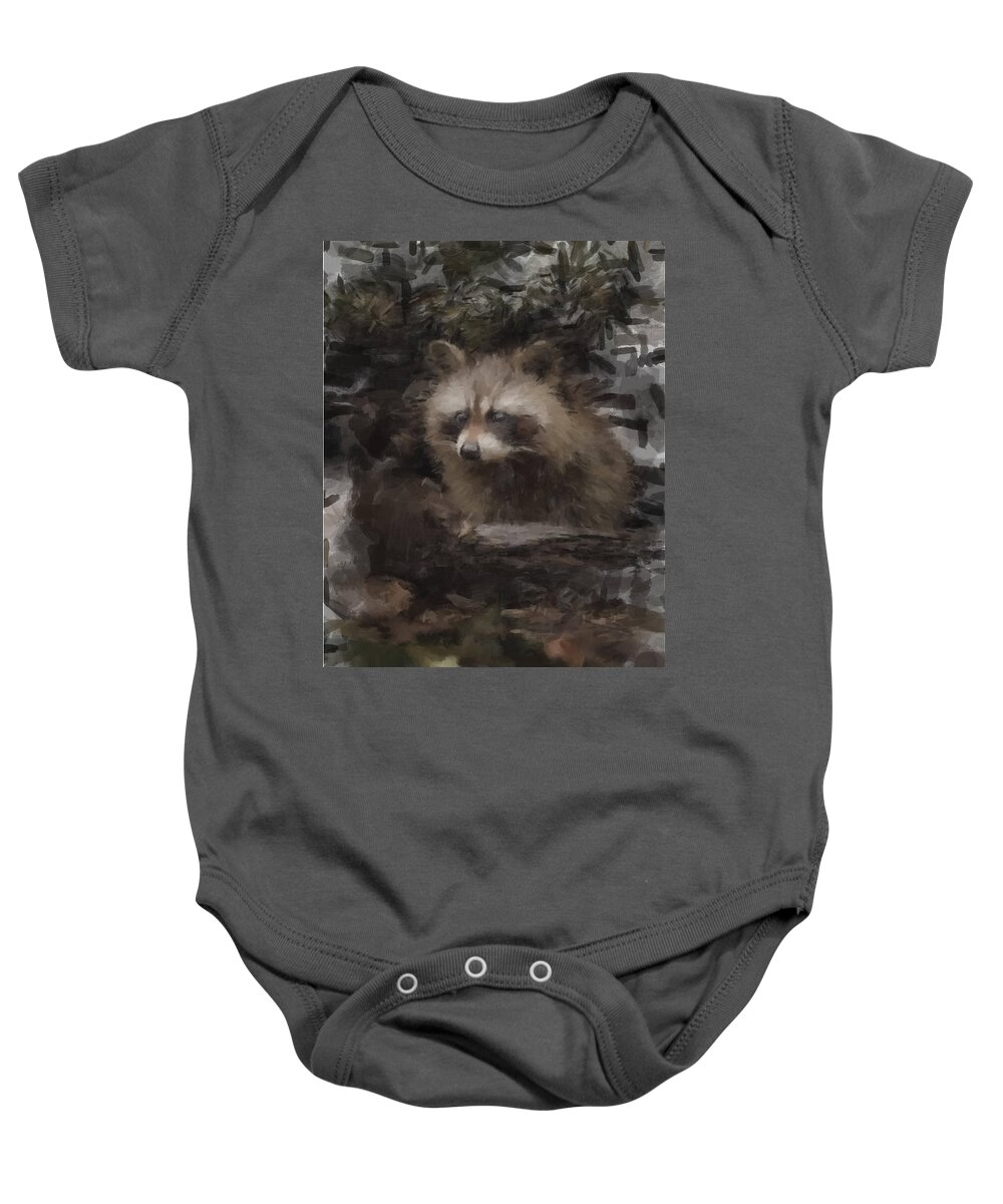 Racoon Baby Onesie featuring the painting A Cleaver Racoon by Gary Arnold