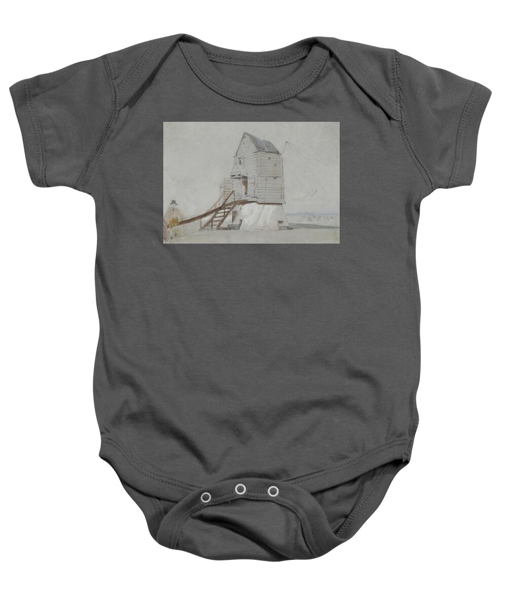 Poster Baby Onesie featuring the painting A Figure Beside A Windmill by MotionAge Designs