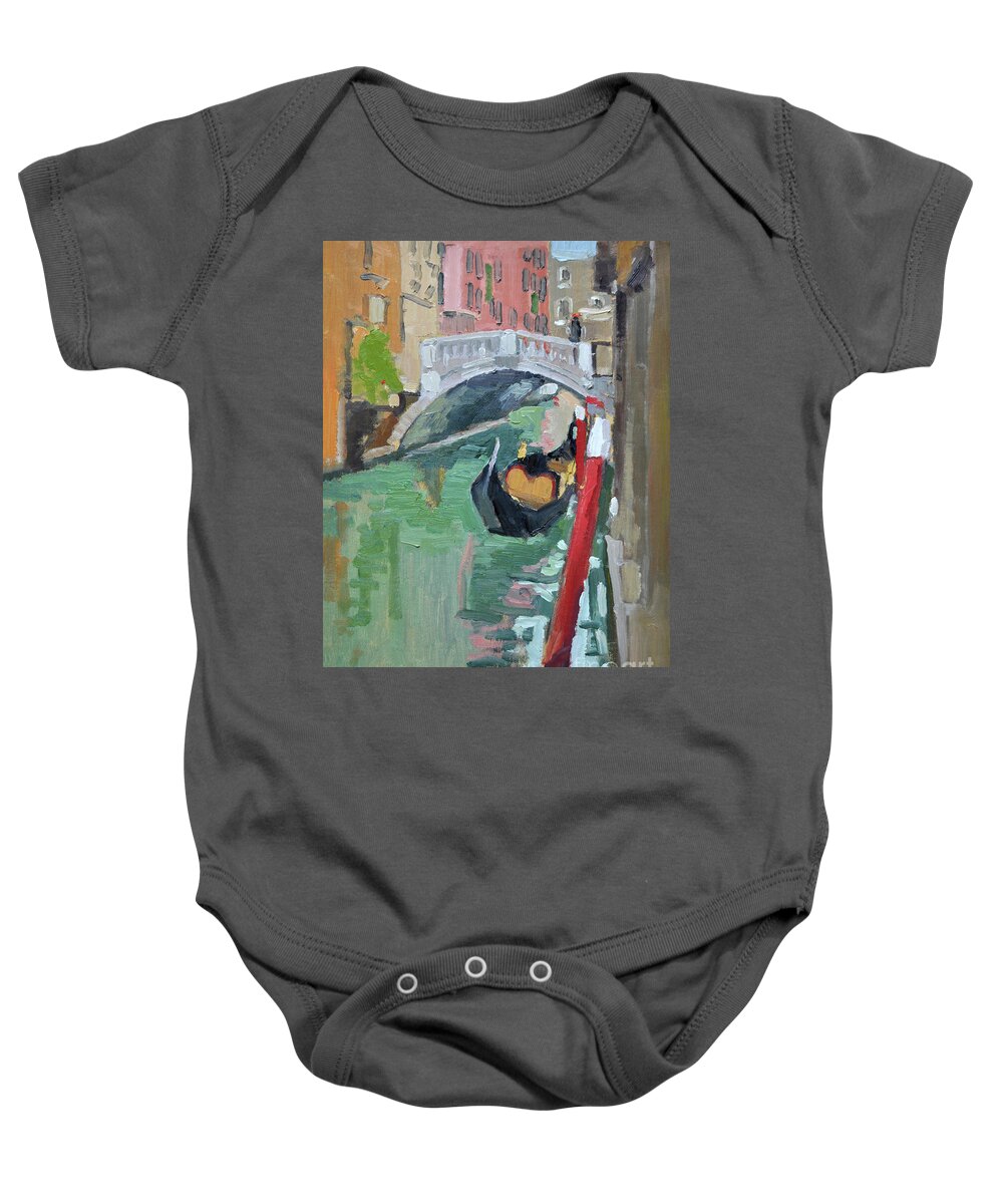 Gondola Baby Onesie featuring the painting A Gondolier and his Gondola, Venice, Italy by Paul Strahm
