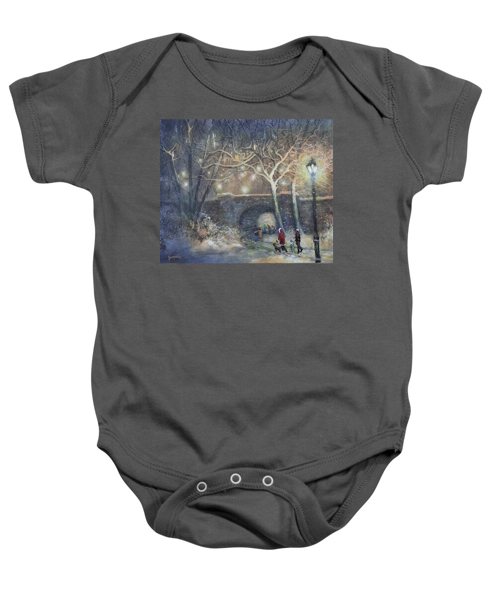 Snowfall Baby Onesie featuring the painting A Magical Walk by Tom Shropshire