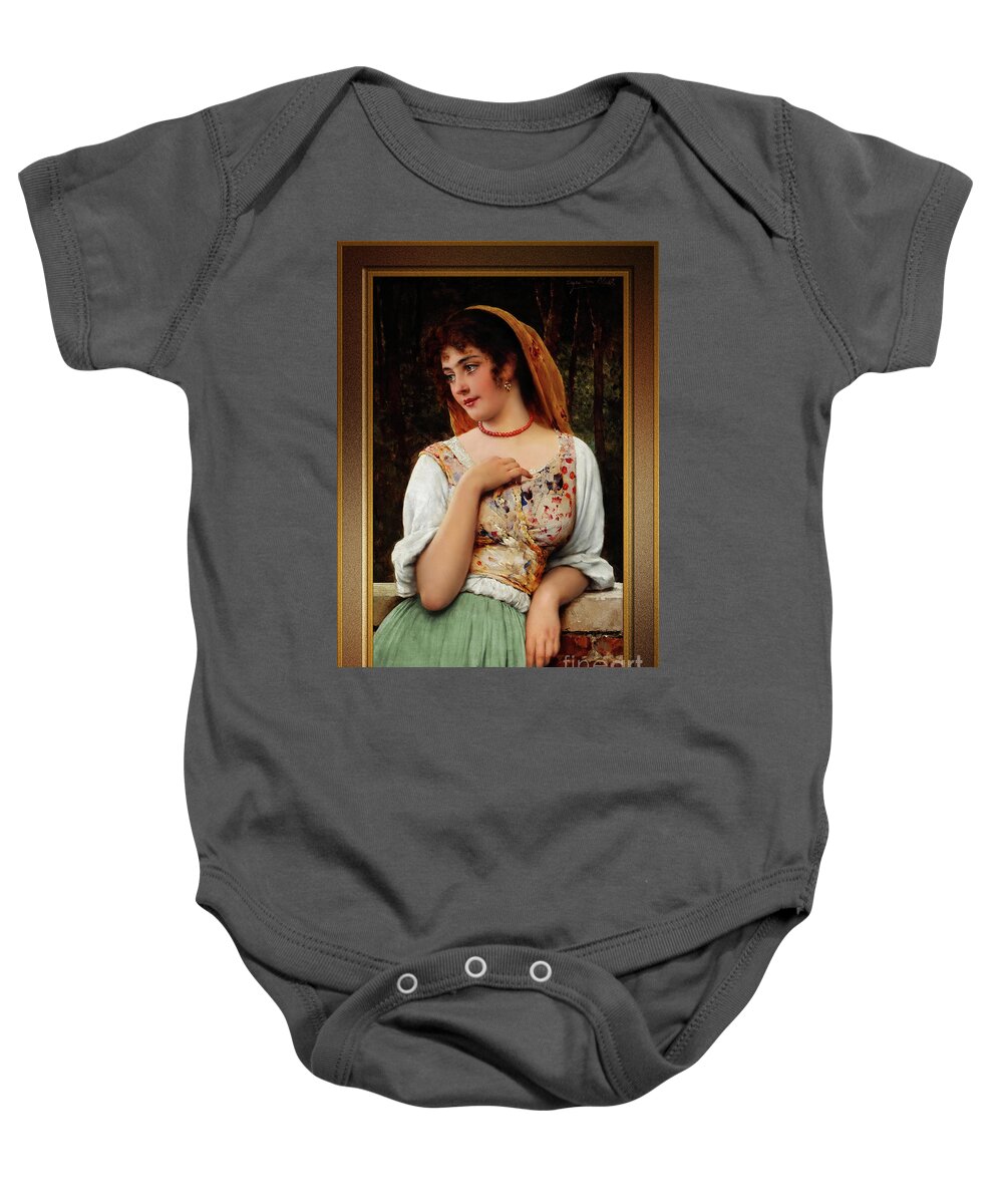 A Pensive Beauty Baby Onesie featuring the painting A Pensive Beauty by Eugen von Blaas Classical Art Reproduction by Rolando Burbon