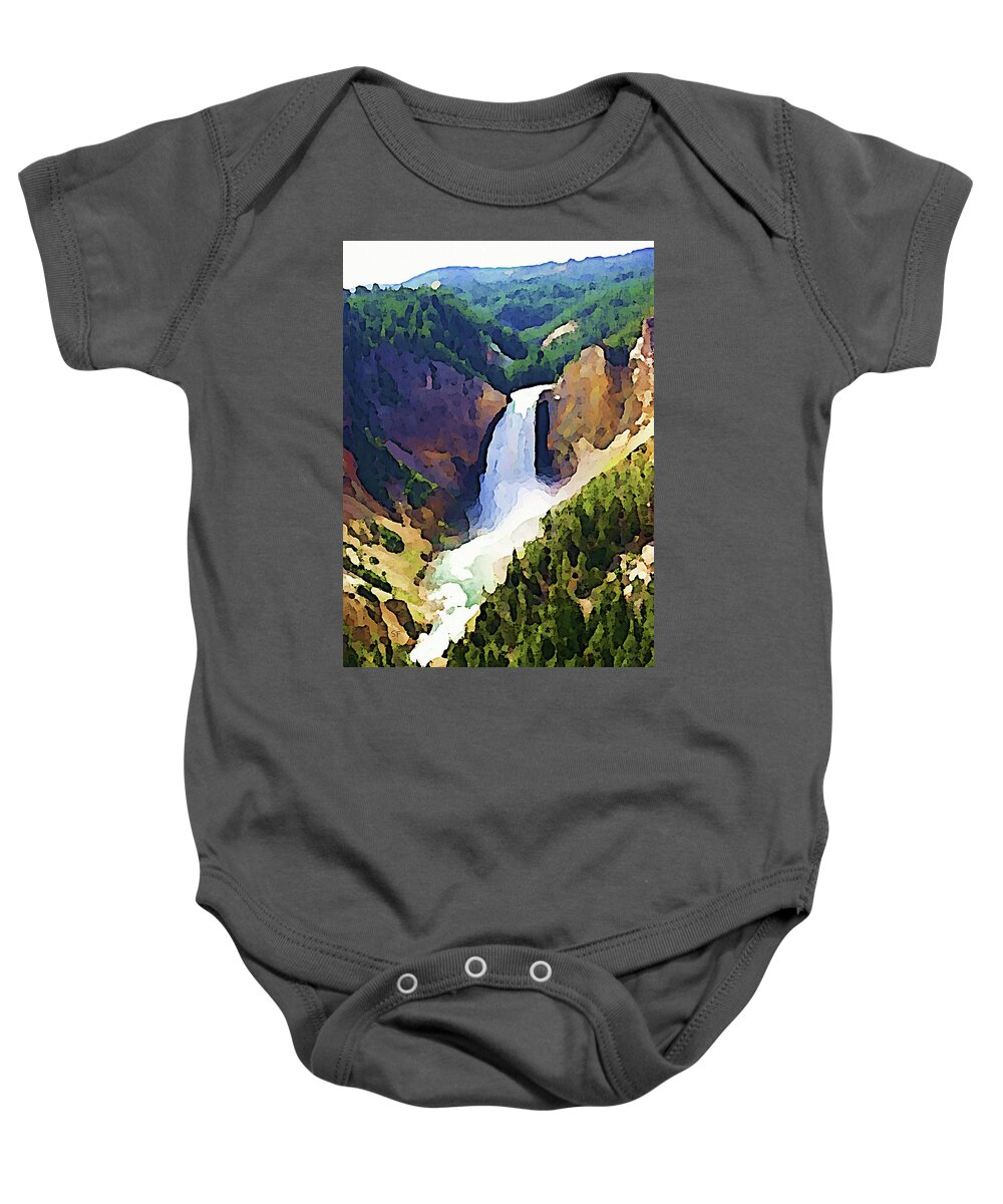 Landscape Baby Onesie featuring the mixed media A Waterfall at Yellowstone by Shelli Fitzpatrick