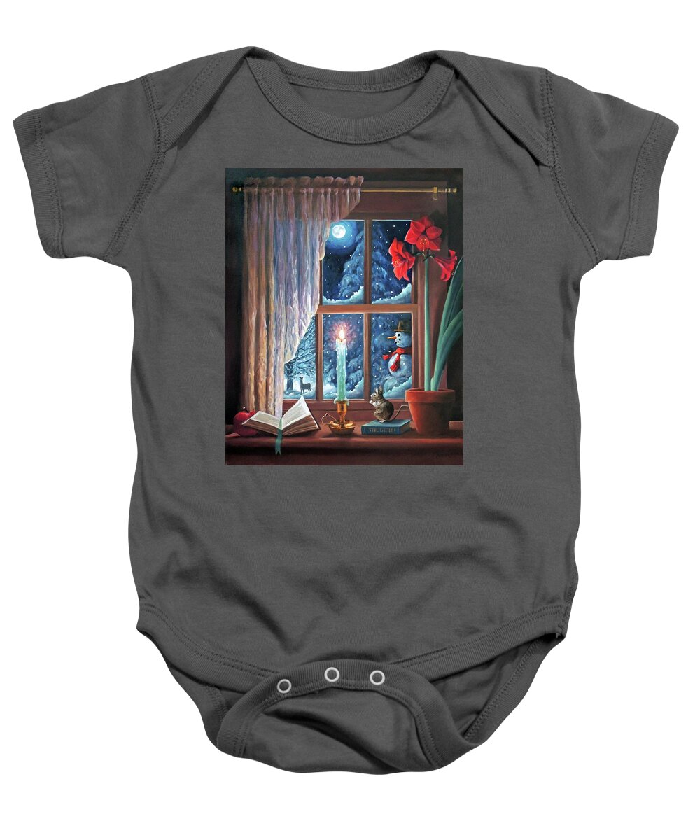 Holiday Baby Onesie featuring the painting A Window Winter Land by Nancy Griswold