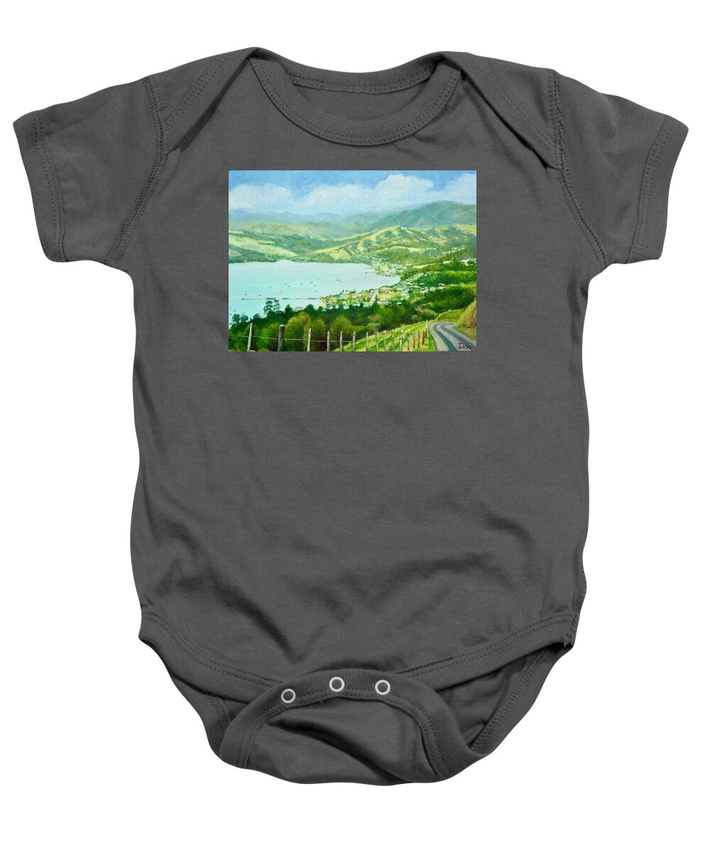 Harbour Baby Onesie featuring the painting Above Akaroa Harbour New Zealand by Dai Wynn
