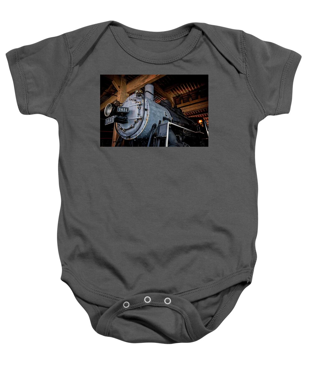 Train Baby Onesie featuring the photograph ACL 1031 in Roundhouse by Alan Raasch