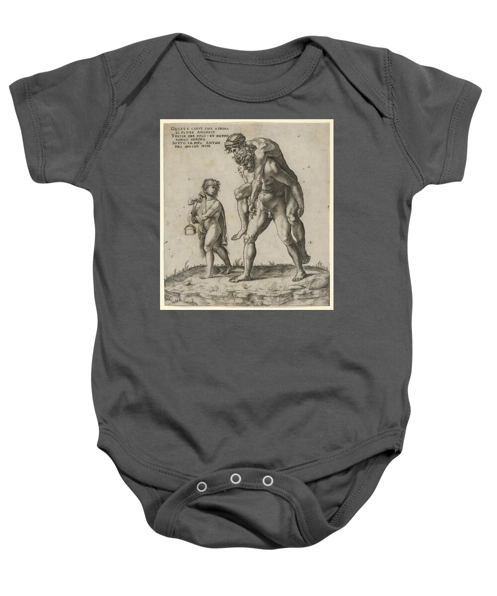 Giovanni Jacopo Caraglio Baby Onesie featuring the drawing Aeneas rescuing Anchises, a young boy carrying a lantern at left by Giovanni Jacopo Caraglio