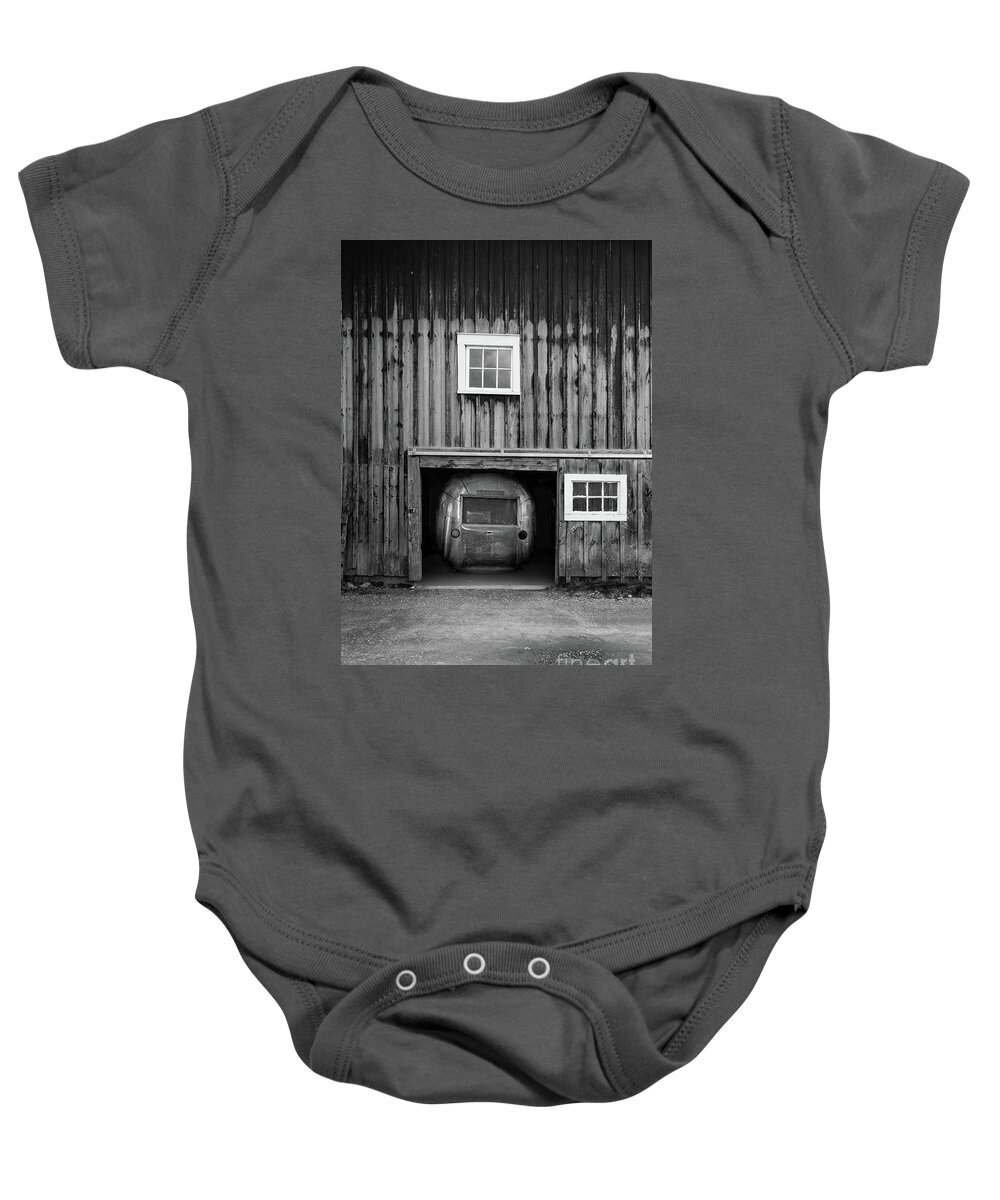 Airstream Baby Onesie featuring the photograph Airstream Barn Find by Edward Fielding