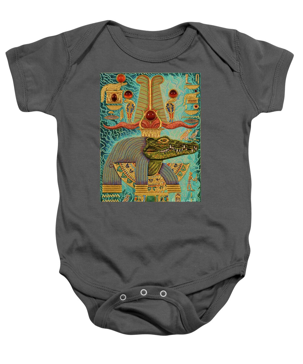 Ancient Baby Onesie featuring the mixed media Akem-Shield of Sobek-Ra Lord of Terror by Ptahmassu Nofra-Uaa