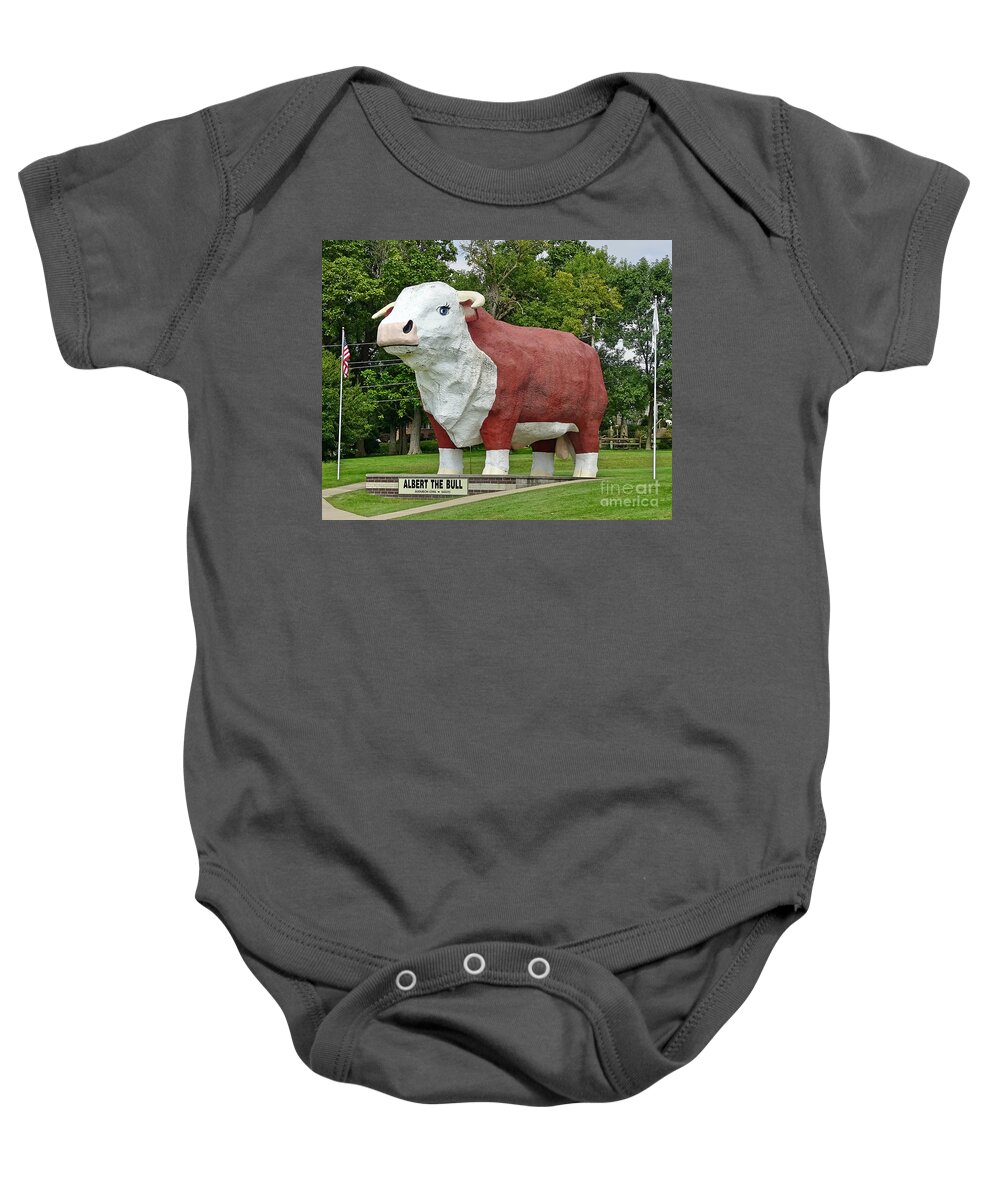 Sold Baby Onesie featuring the photograph Albert the Bull by Linda Brittain