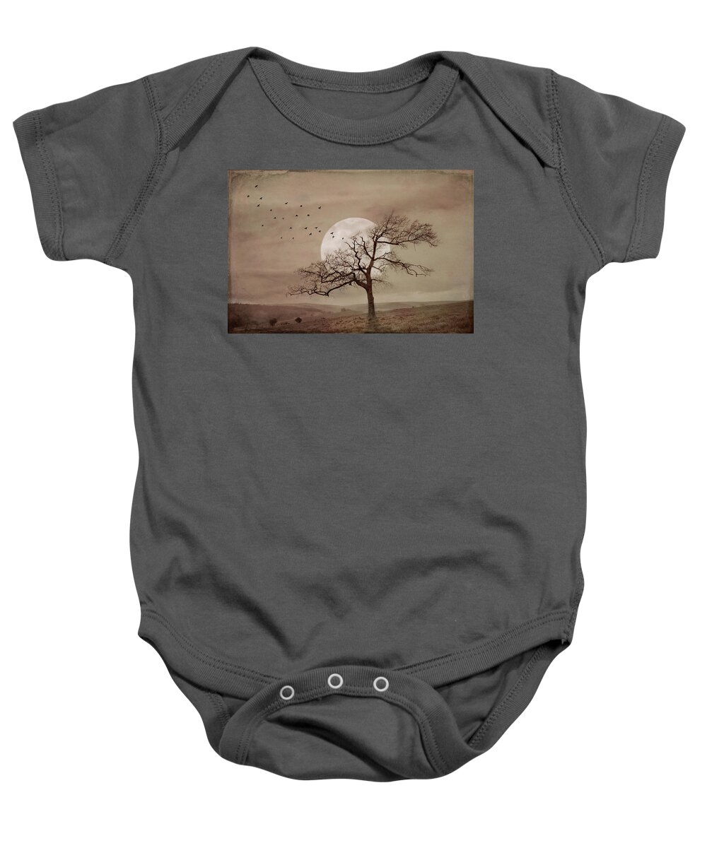 Clouds Baby Onesie featuring the photograph Alone under a Full Moon at Dusk in Sepia Tones by Debra and Dave Vanderlaan